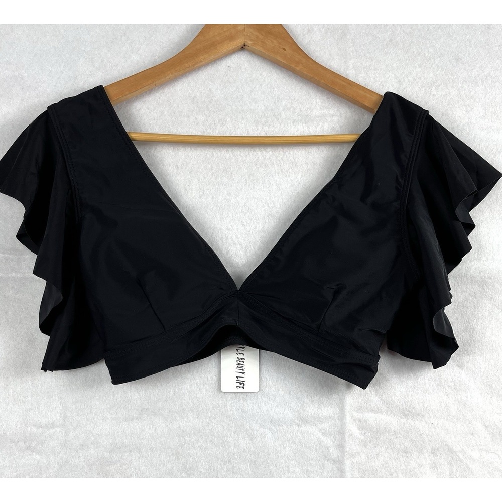 NWT Sporlike Black Ruffle Sleeve Swim Top Size Small Flounce Bikini Top